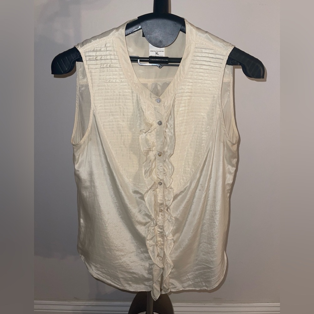Max Mara Vintage Cream Silk & Cotton Ruffled Button-Down Sleeveless Blouse Top